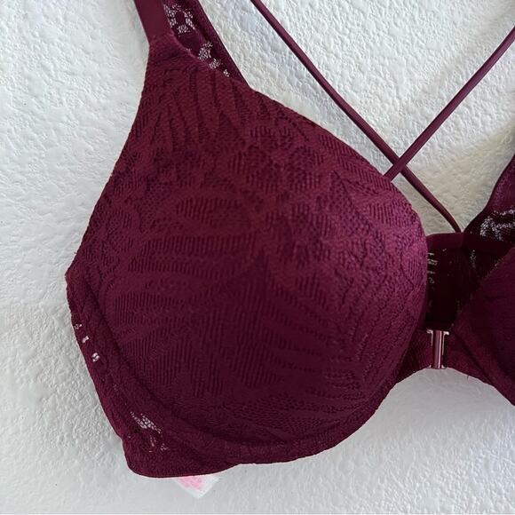 Victoria's Secret PINK Maroon Front Clasp Push-Up Strappy Back Bra 32C - Picture 3 of 8